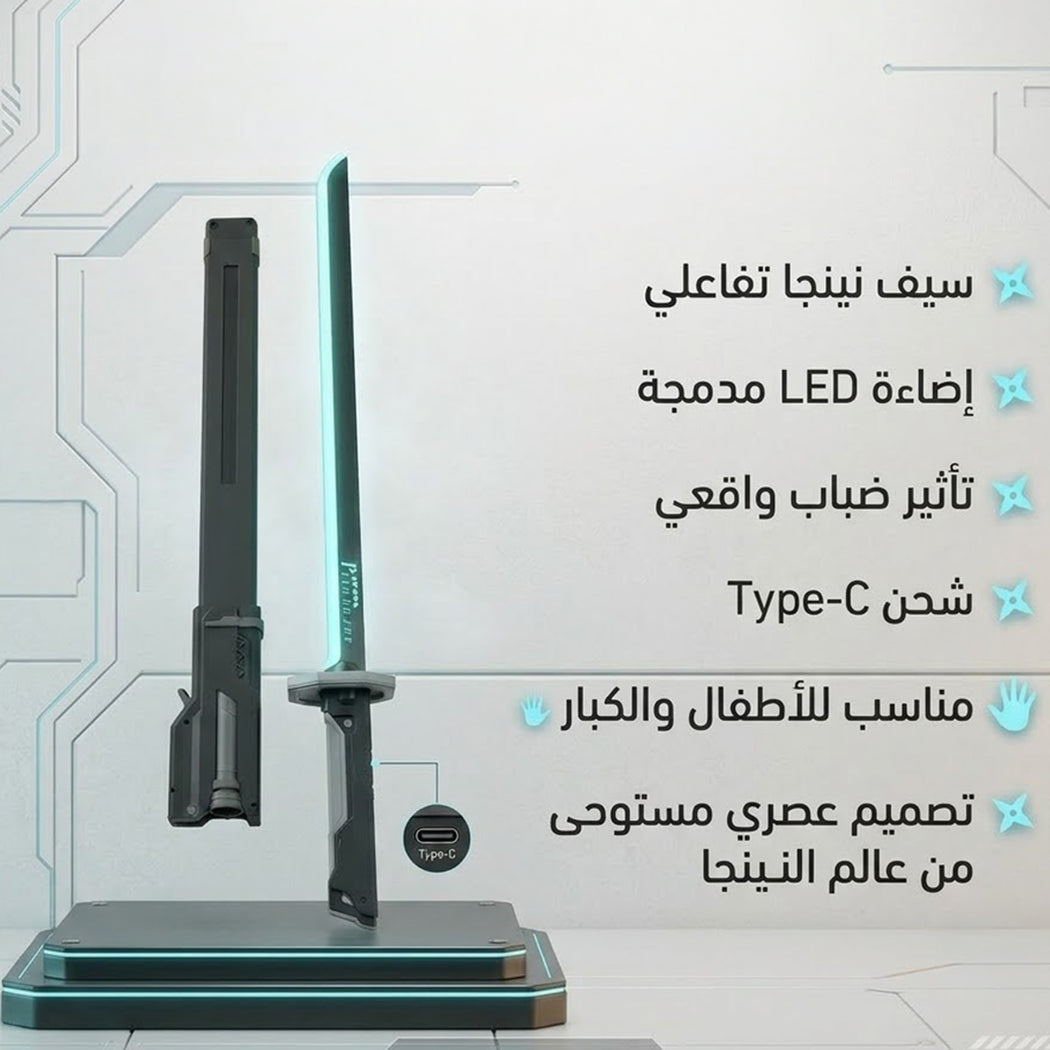 سيف نينجا تفاعلي مع إضاءة LED وتأثير الضباب، شحن Type-C، للأطفال والكبار