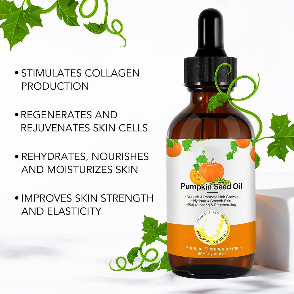 Pumpkin seed oil bottle for skincare, featuring a dark glass container with a label, on a white background.