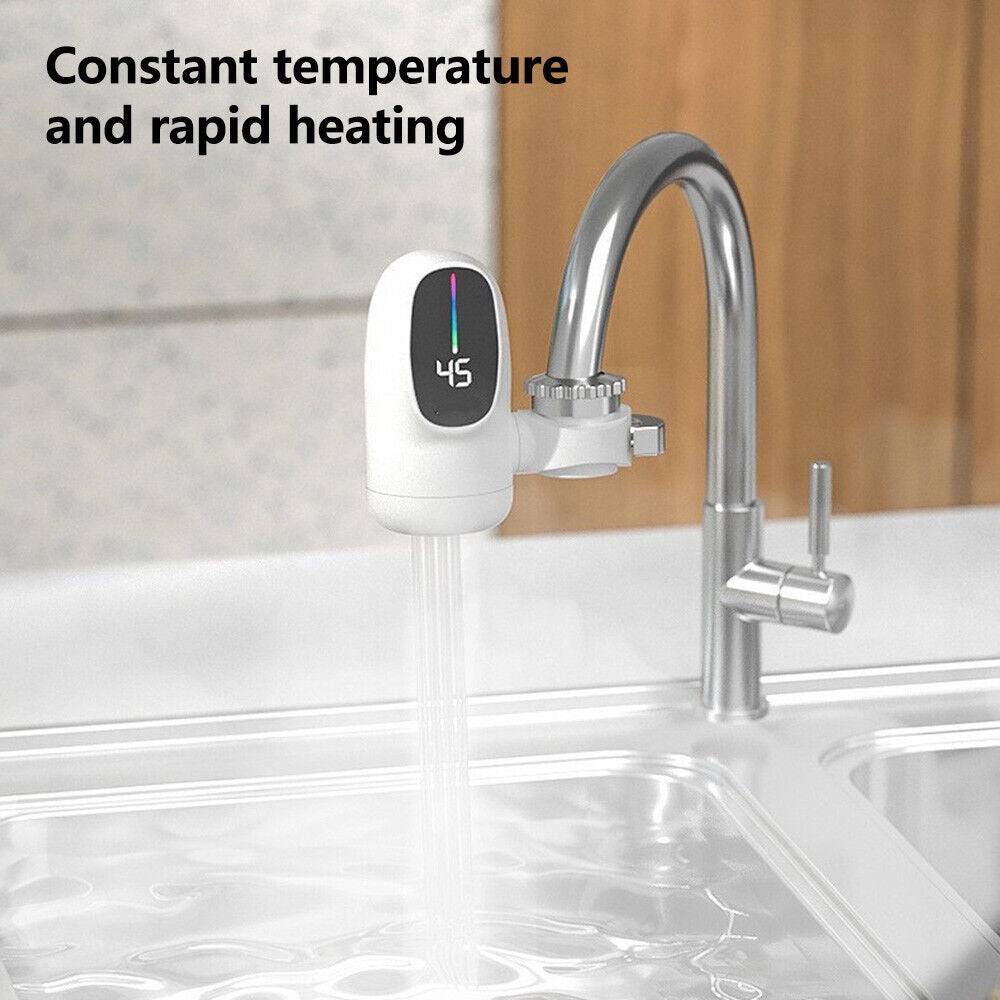 Small سخان الحنفية السحري device for faucets, compact and easy to use, designed to heat water instantly in kitchen or bathroom sinks.
