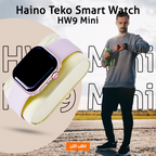 Haino Teko HW9 Mini smart watch displaying digital screen with fitness and notification icons, black strap and sleek design.