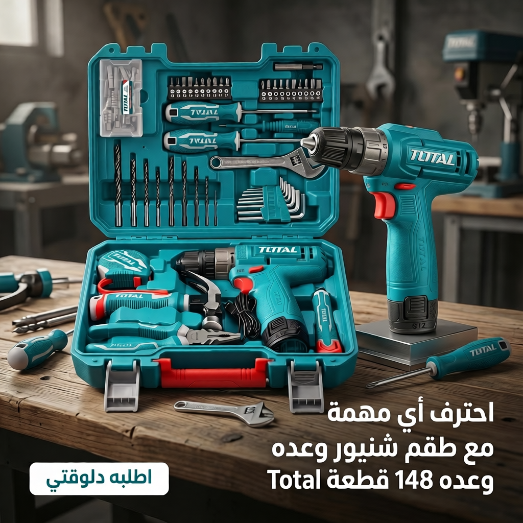 طقم شنيور ومفك لاسلكي TOTAL 148 قطعة | بطارية 1.5Ah وشحن USB Type-C