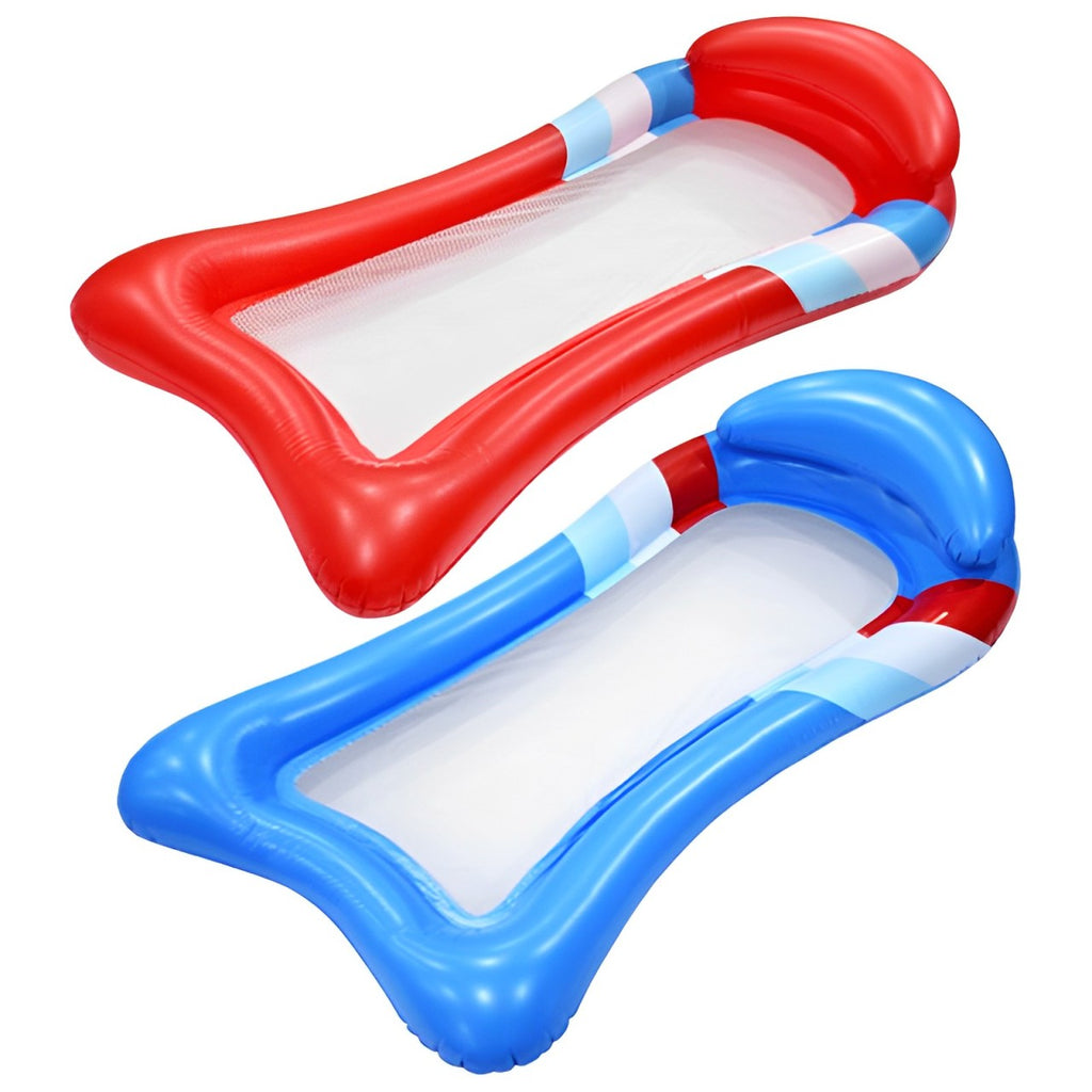 Inflatable bed float with mesh sides and headrest, ideal for sports and outdoor use, designed for comfort and stability.