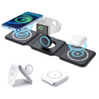 Wireless foldable charger 3-in-1 from سوق كوم, showing the compact design and multiple charging ports on the black device.