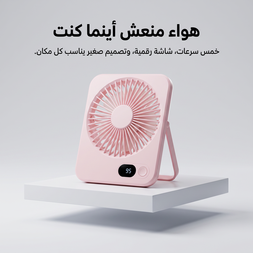 مروحة مكتب وسفر محمولة تعمل بالشحن (5 سرعات وشاشة LED)