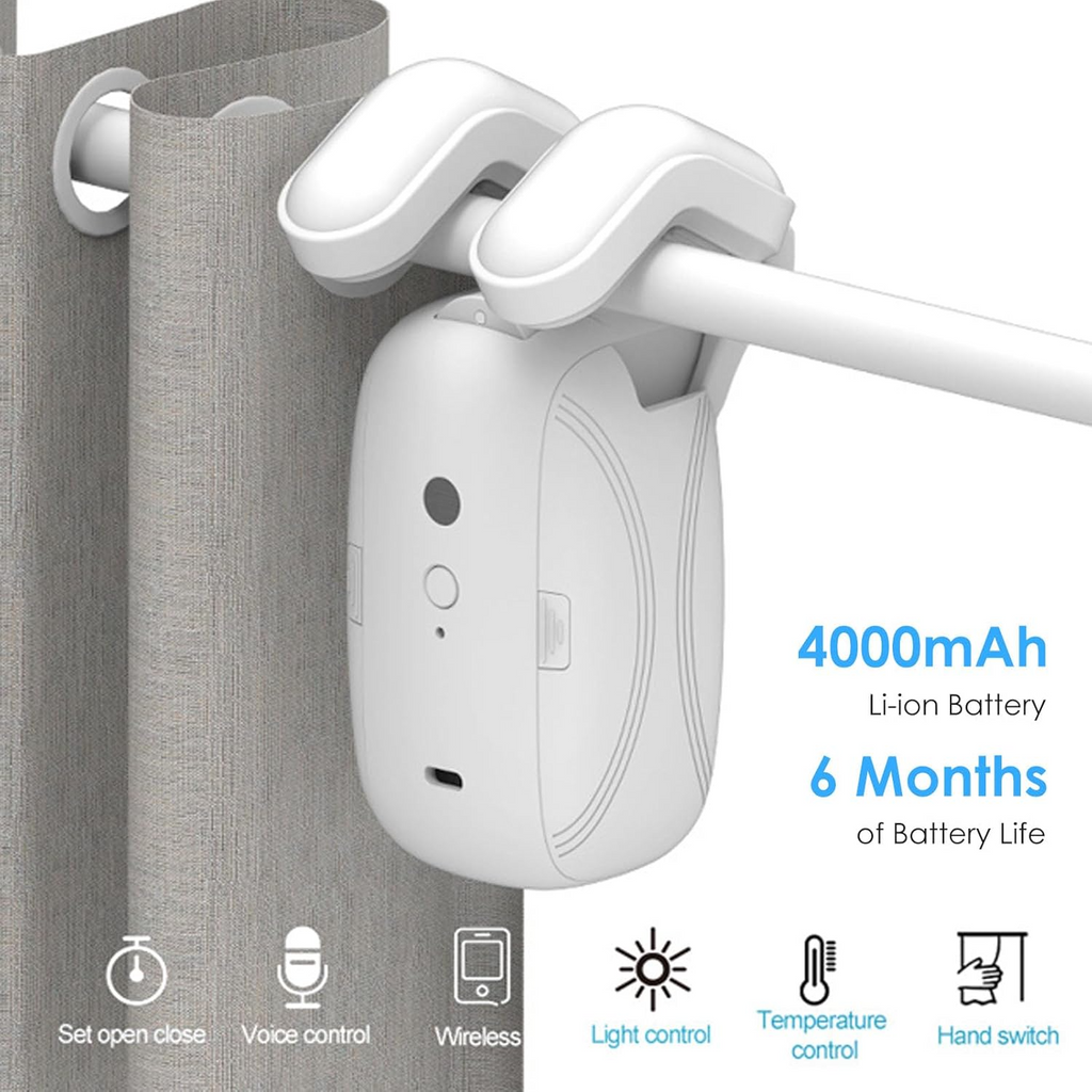 Small remote-controlled curtain robot from سوق كوم, showing device with remote for automation and easy curtain control.
