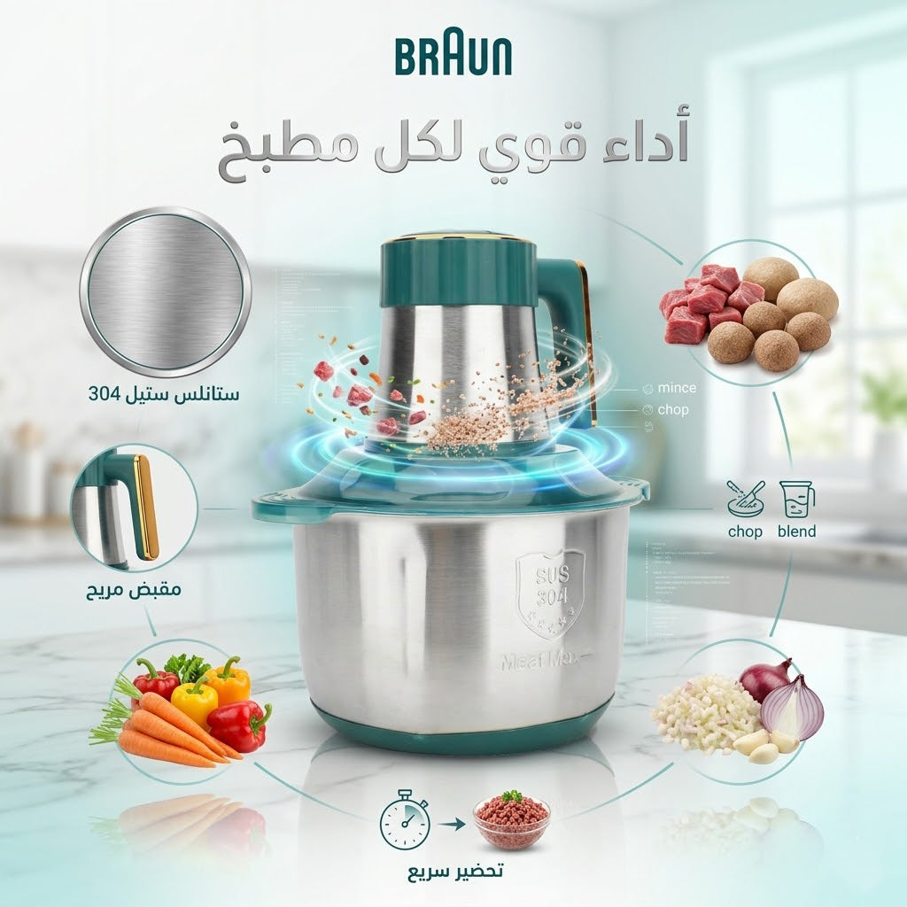 عرض كبه BRAUN 8500 وات 6 لتر مع هاند بلندر BRAUN 3 في 1 استاليس 2700 وات مع ضمان عام
