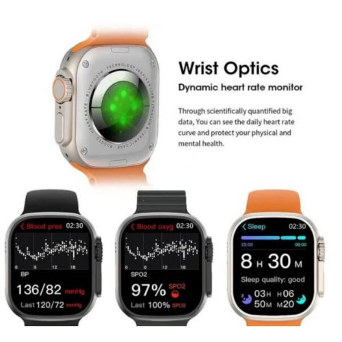 Smartwatch X10 Ultra 3 with curved screen, sleek design, and digital display, showcasing modern fitness and notification features.