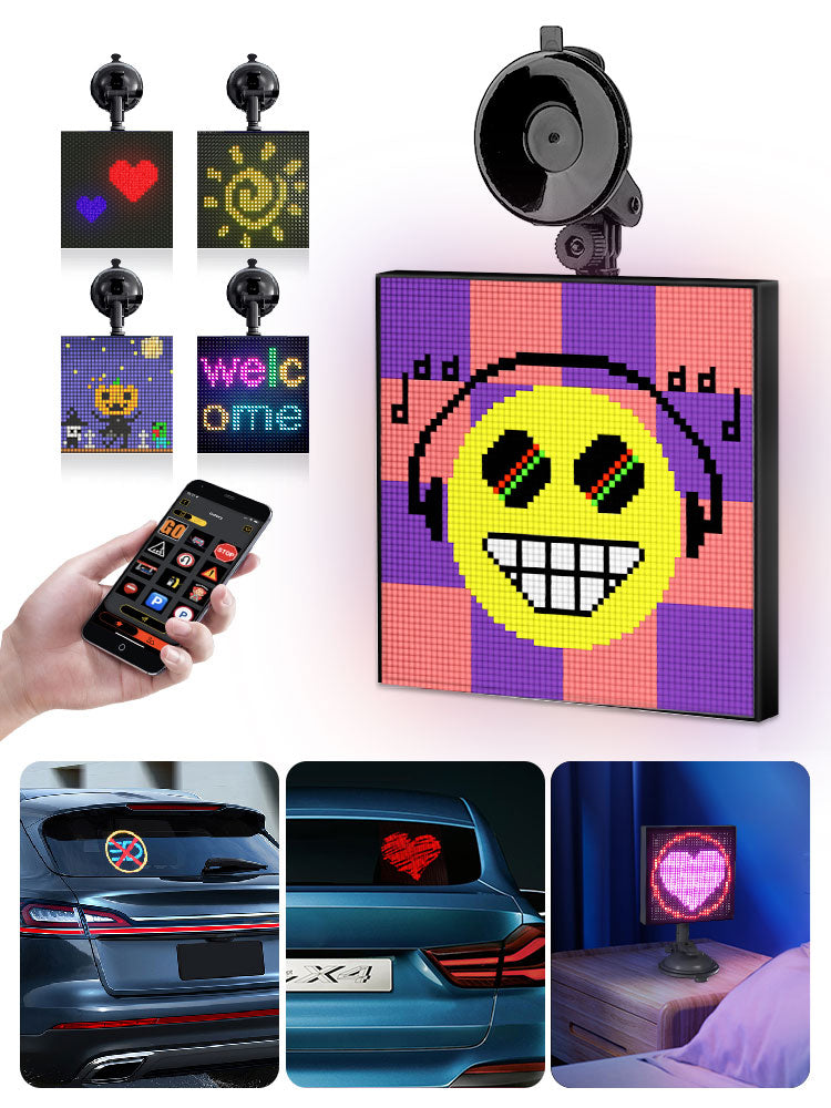 Smart car display screen with app controls, car accessories, showing a user interface on a sleek digital screen.