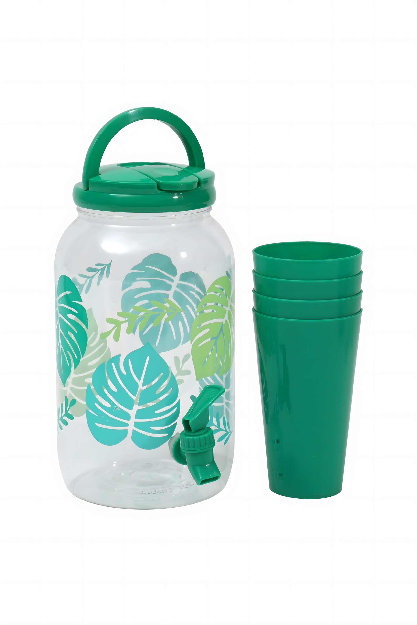 Leaves juice dispenser with 4 matching cups, 3.5-liter capacity, ideal for home use, featuring a stylish design.