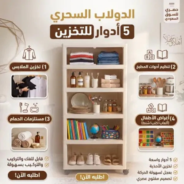 دولاب تخزين (الملابس - أدوات المطبخ - مستلزمات الحمام - أغراض الأطفال) - 5 أدوار بلاستيك سهل الفك والتركيب ومزود بعجلات