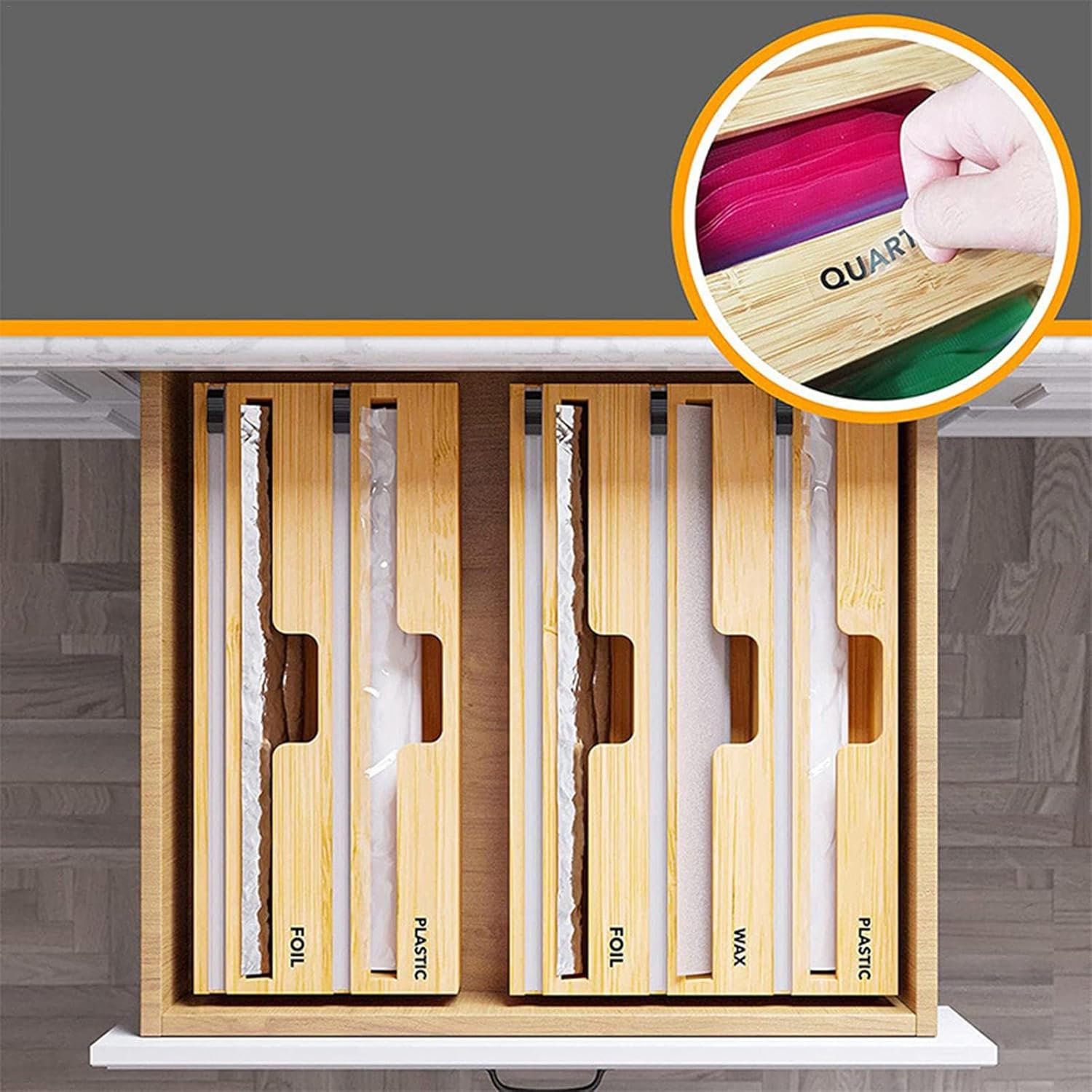 Three-tier wooden foil holder for storage, featuring a natural finish and multiple compartments for organized kitchen foil storage.