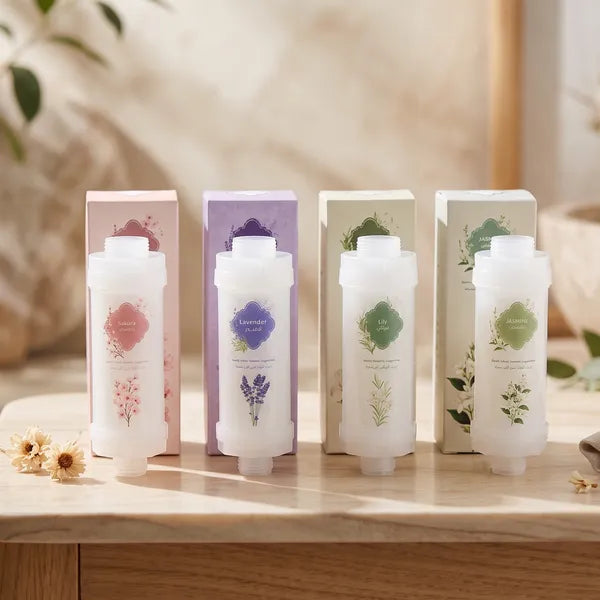 مجموعة فلاتر شاور معطرة (4 روائح: لافندر، ساكورا، ليلي، ياسمين) لتنقية المياه.