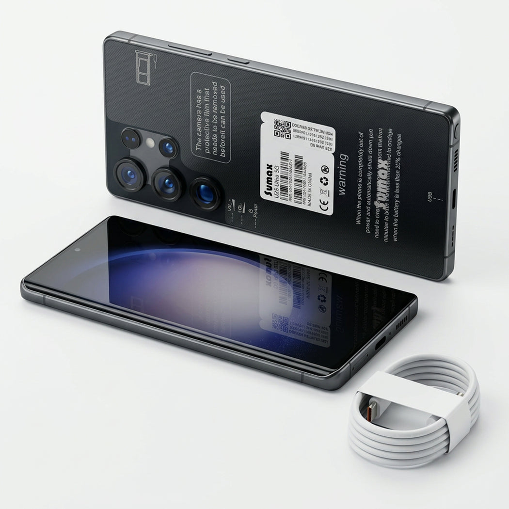 U25 Ultra 5G mobile phone by سوق الأمانة, displaying sleek design and screen with front camera, in a modern setting.