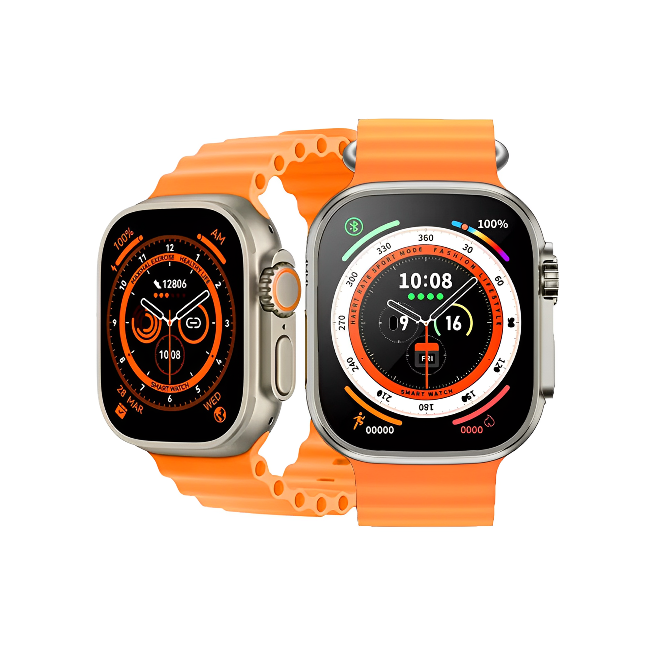 Orange Smart Watch T800 Ultra displaying digital time and fitness features, with a sleek design on a white background.