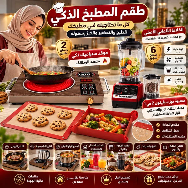 باقة مطبخي الذكي(موقد سيراميك ذكي متعدد الوظائف بضمان عامين+• الخلاط الألماني الأصلي مع مطحنة بضمان 6 شهور+حصيرة خبز سيليكون 2 في 1 مضاد للالتصاق والانسكاب (قابل لإعادة الاستخدام)