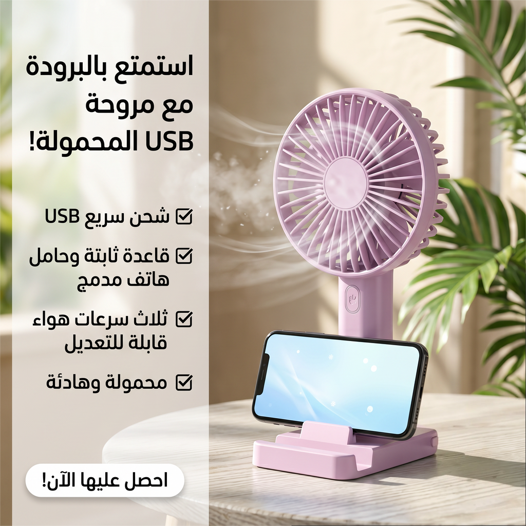 USB rechargeable fan with stand, portable cooling device from سوق كوم, featuring adjustable angle and compact design.