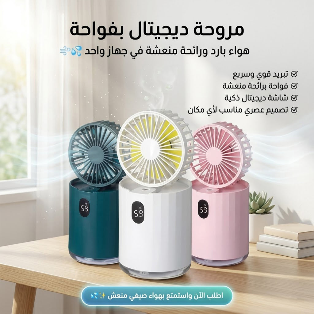 Digital fan with diffuser from سوق كوم, modern home appliance featuring a fan and aromatic vapor diffuser.