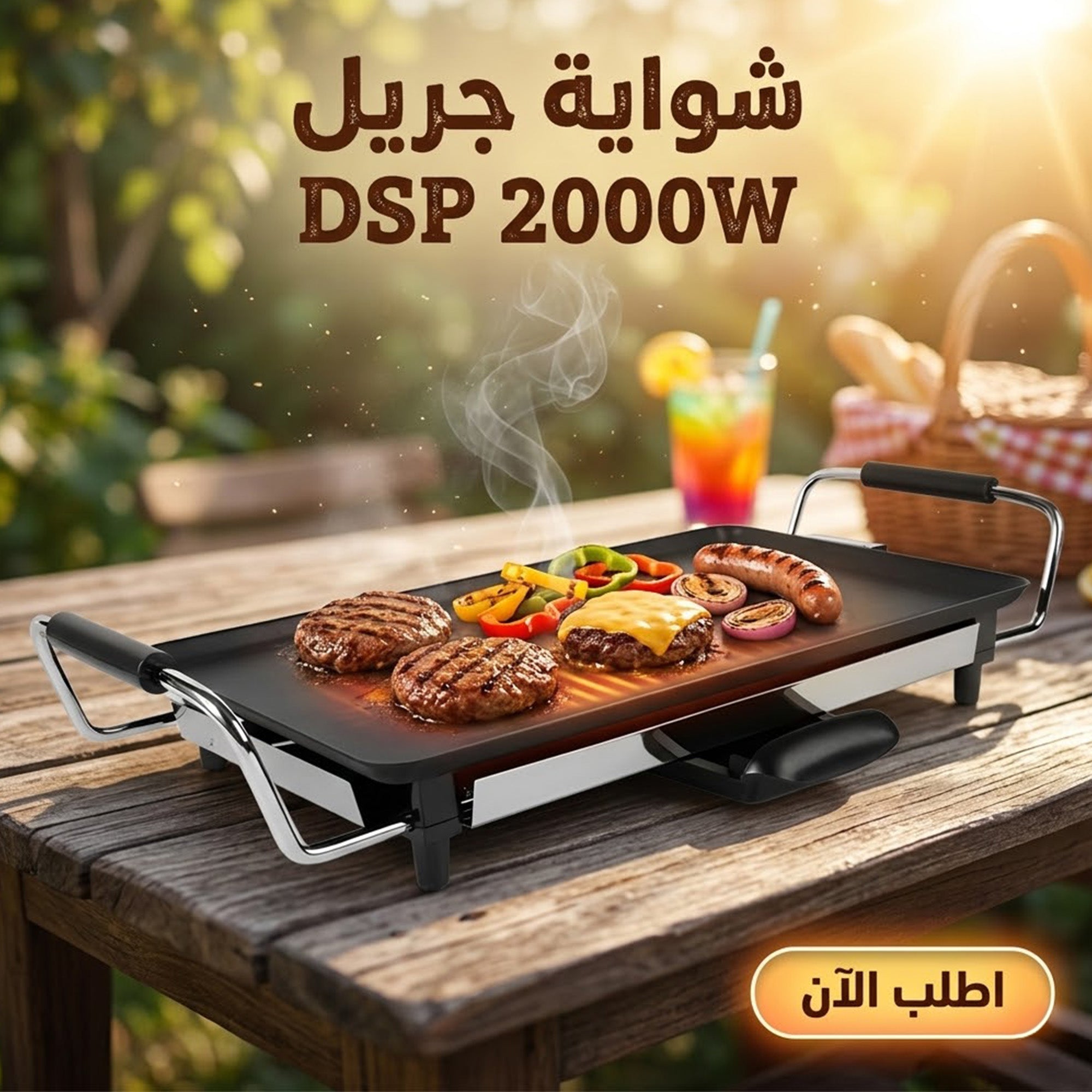 Electric grill shawa meat and vegetables on a non-stick surface, DSP 2000W kitchen appliance for grilling at home.
