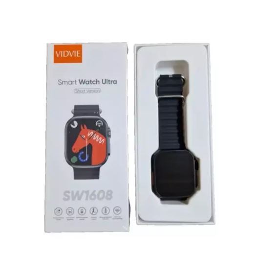 VIDVIE Smart Watch Ultra SW1608 displaying a digital screen with fitness tracking features and sleek black design.