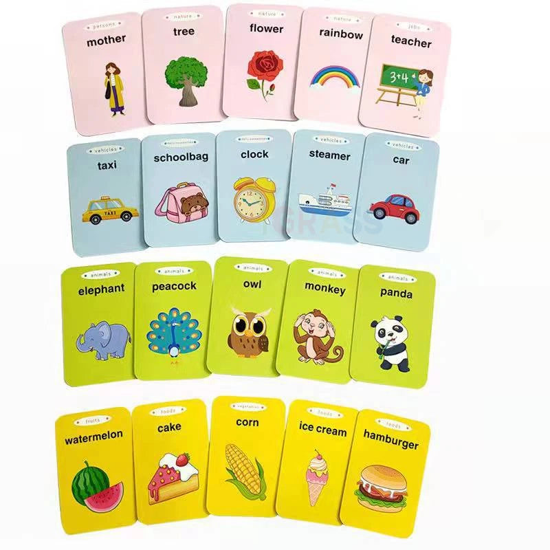 Electronic educational card reader game by سوق كوم displaying Arabic and English cards for language learning and interactive play.