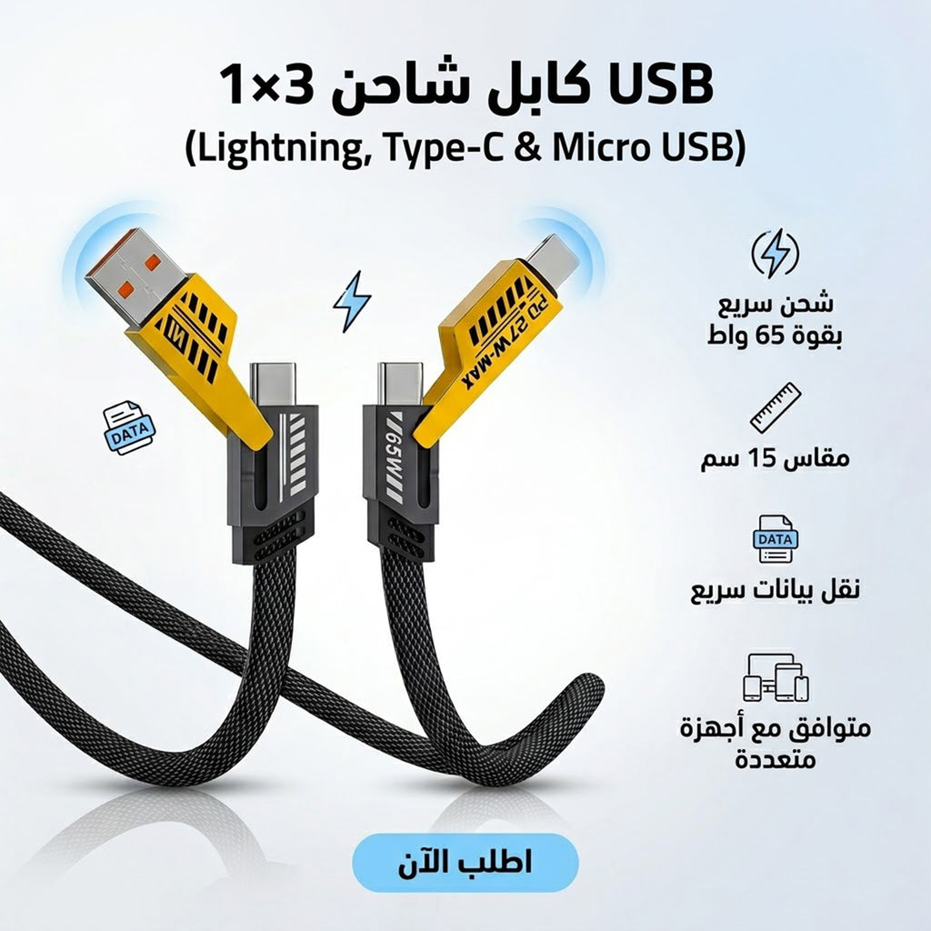 •        كابل شاحن USB متعدد 15 سم، شحن سريع 65 واط 3 في 1  (Lightning, Type-C & Micro USB)