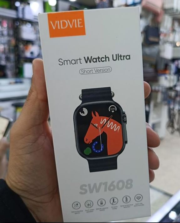 VIDVIE Smart Watch Ultra SW1608 displaying digital time and health tracking features on a sleek black strap.