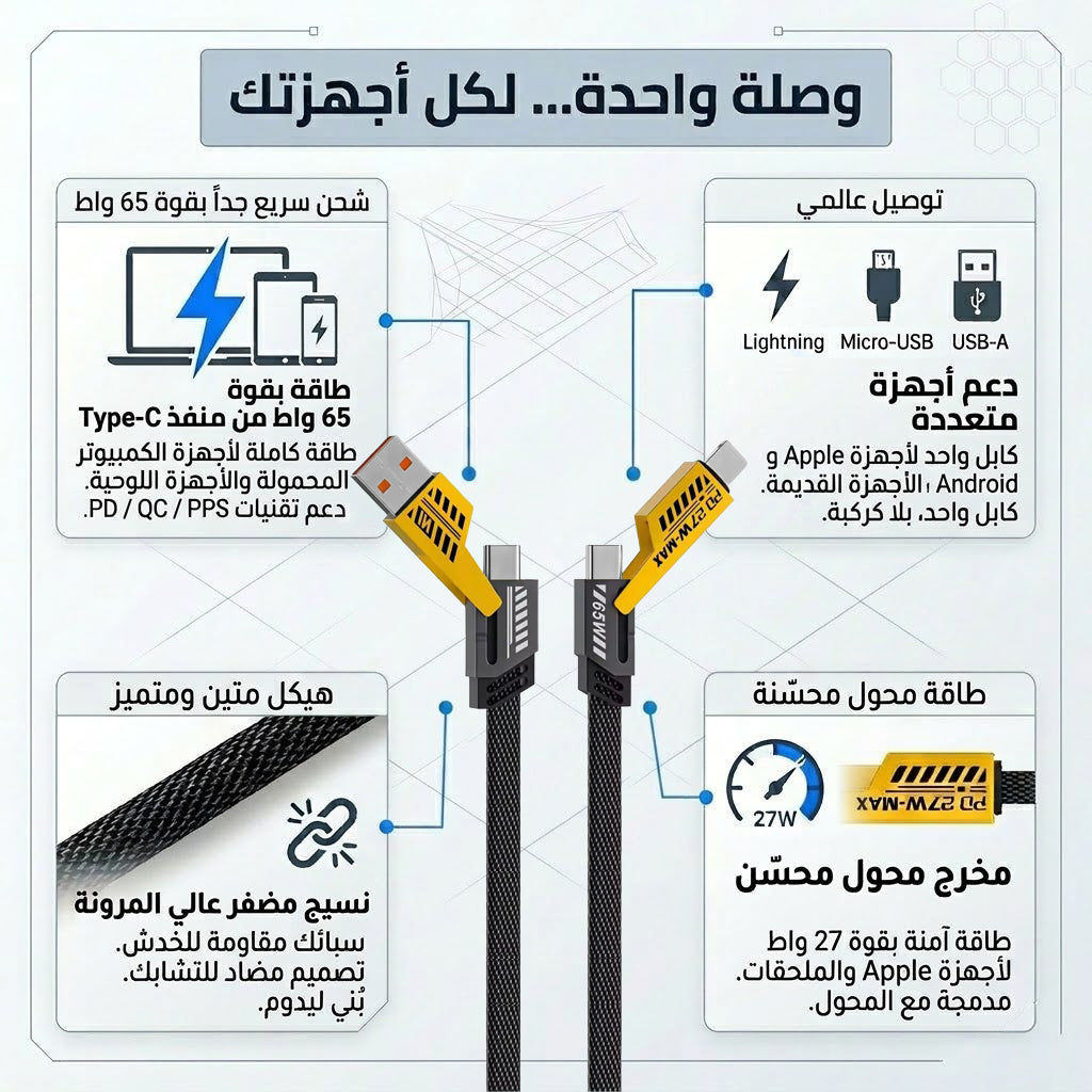 •        كابل شاحن USB متعدد 15 سم، شحن سريع 65 واط 3 في 1  (Lightning, Type-C & Micro USB)