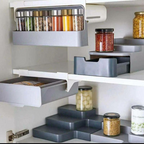Stainless steel spice rack with multiple shelves for organized kitchen storage, ideal for spice jars and small kitchen essentials.