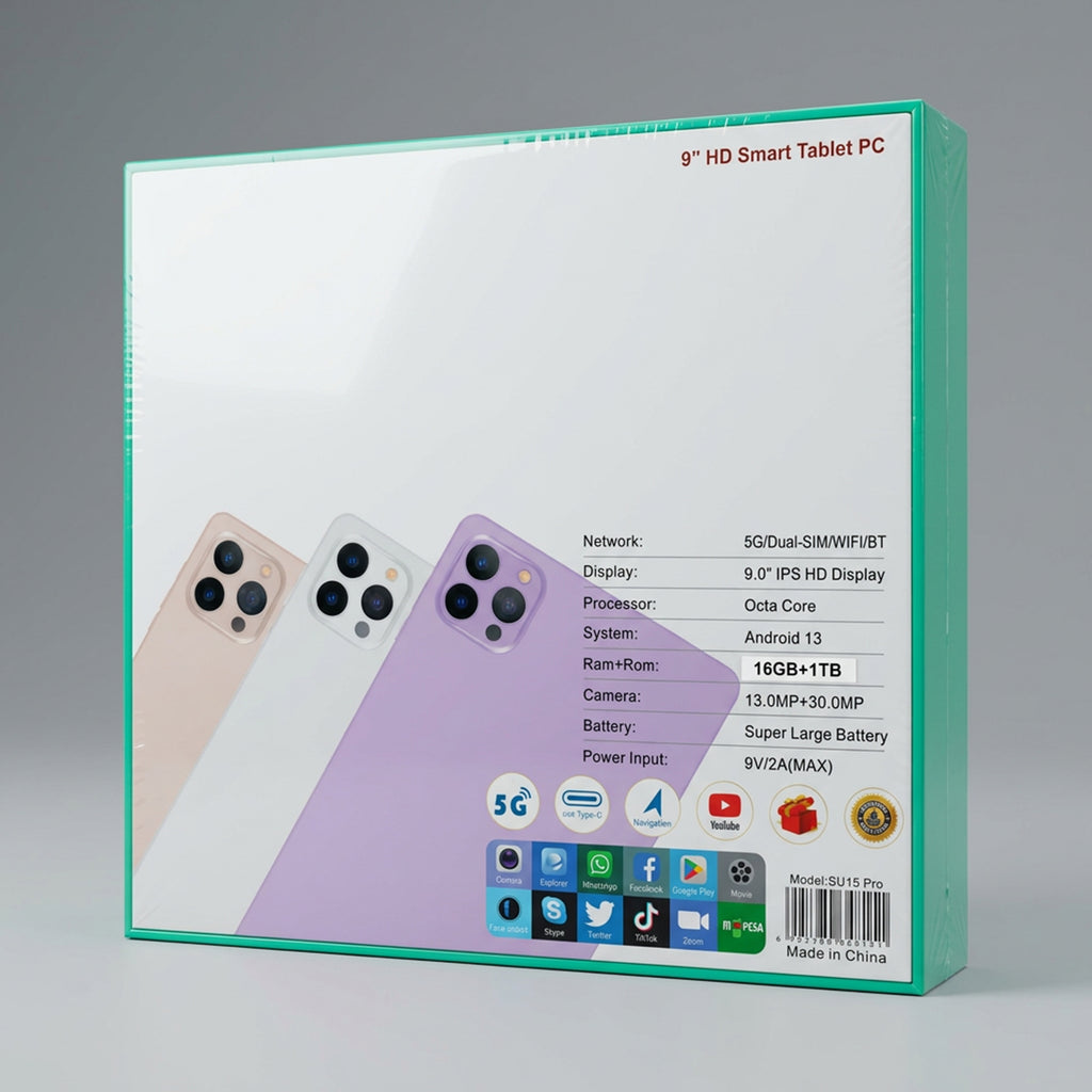 SU15 PRO tablet from سوق الأمانة with gift set, featuring a sleek design and accessories, in a well-lit setting.