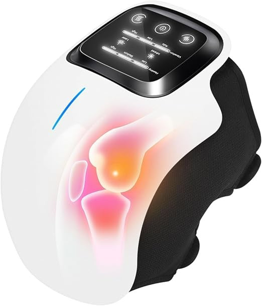 Medical knee massager device showing padded knee wrap with adjustable straps for pain relief and muscle relaxation.