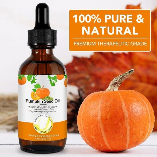 Pumpkin seed oil bottle for skincare, featuring a dark glass container with a label, used for natural skin care benefits.