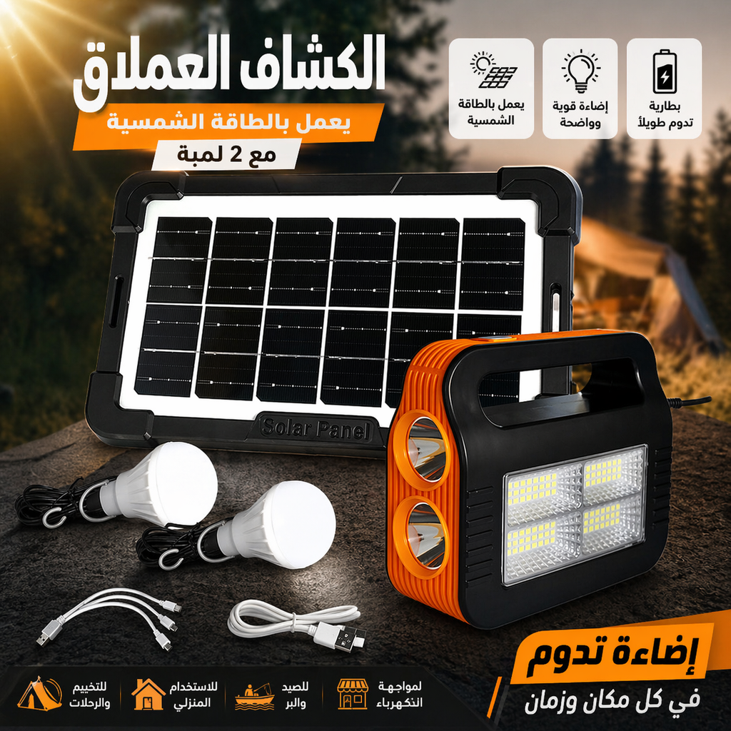 كشاف شمسي عملاق أسود مع بطاريتين LED للإضاءة الخارجية