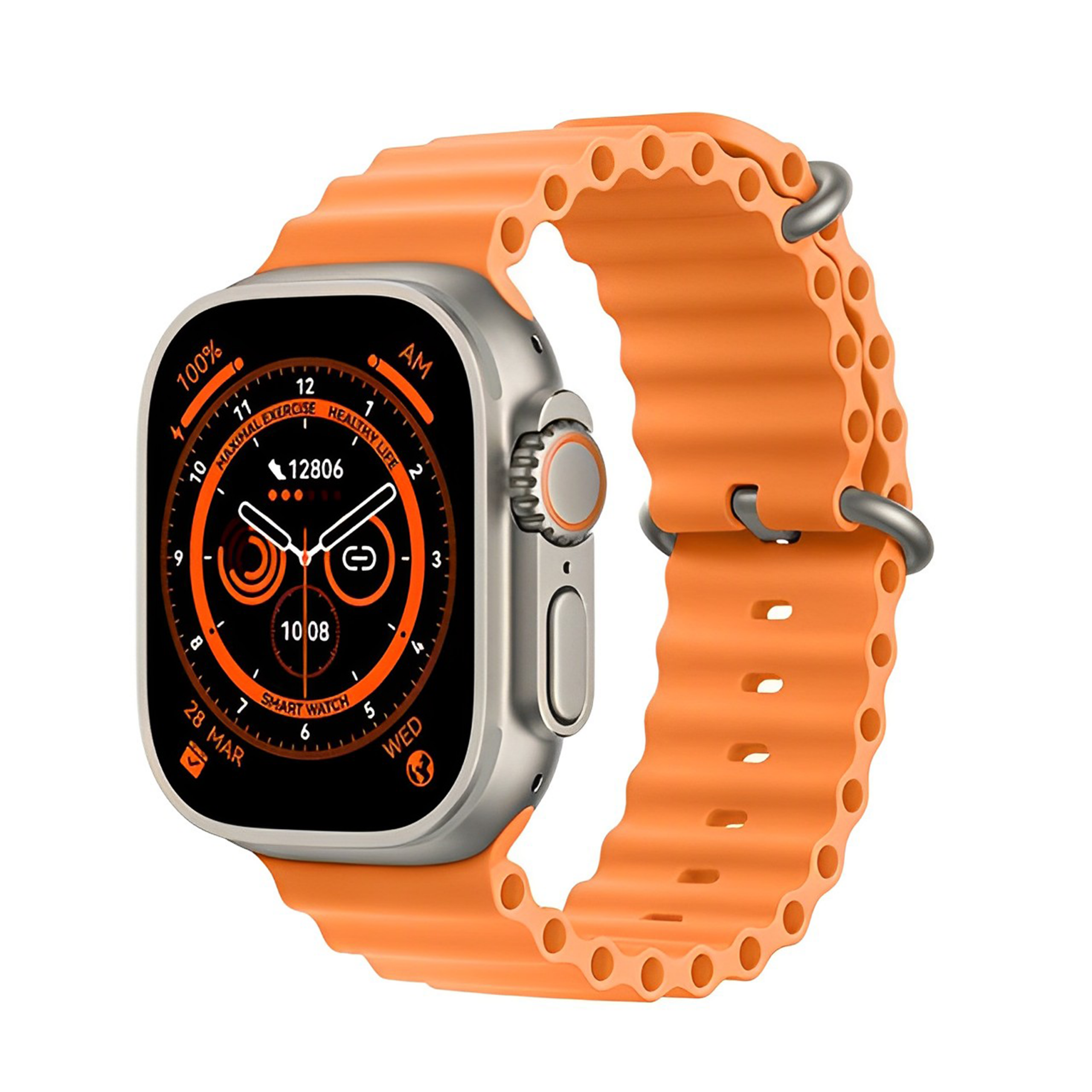 Smart Watch T800 Ultra in orange showing digital display and sleek design, a stylish ساعات ذكيه for fitness and notifications.