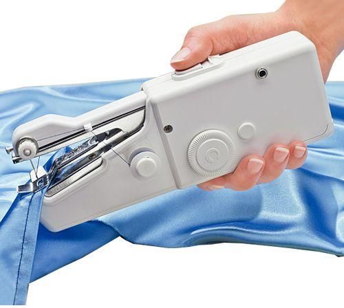 Portable handheld sewing machine with a set of sewing tools and accessories in a storage box, ideal for home use.