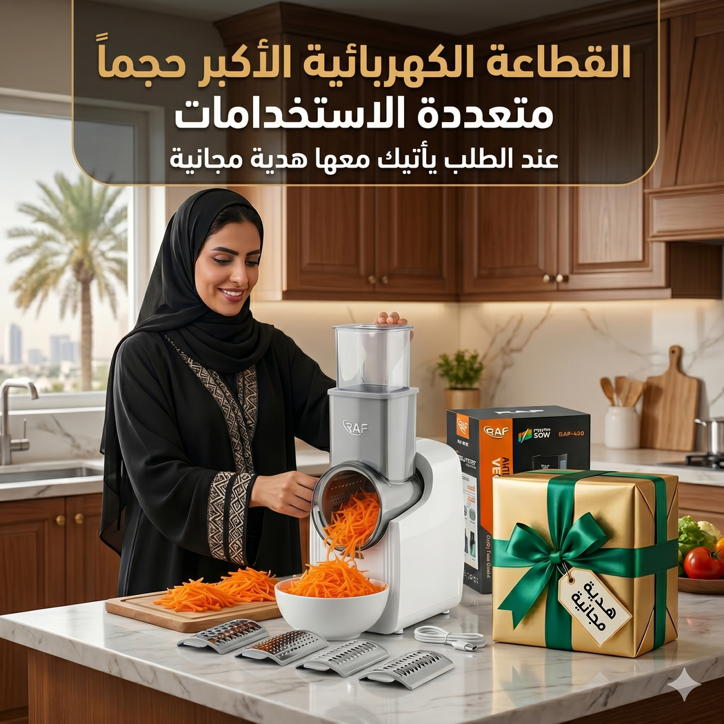 القطاعة الكهربائية الأكبر حجماً لتقطيع وبشر الجبن والخضروات والفواكة متعددة الإستخدامات بضمان عامين مع هدية مجانية