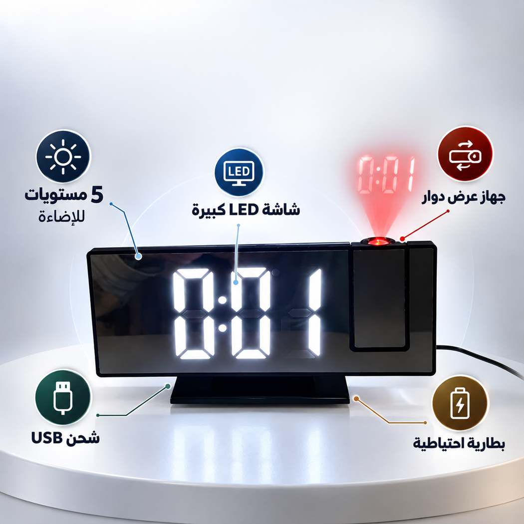 ساعات منبه رقمية للغرف مع شاشة LED كبيرة وجهاز عرض دوار وخمسة مستويات إضاءة وشاحن USB وبطارية احتياطية