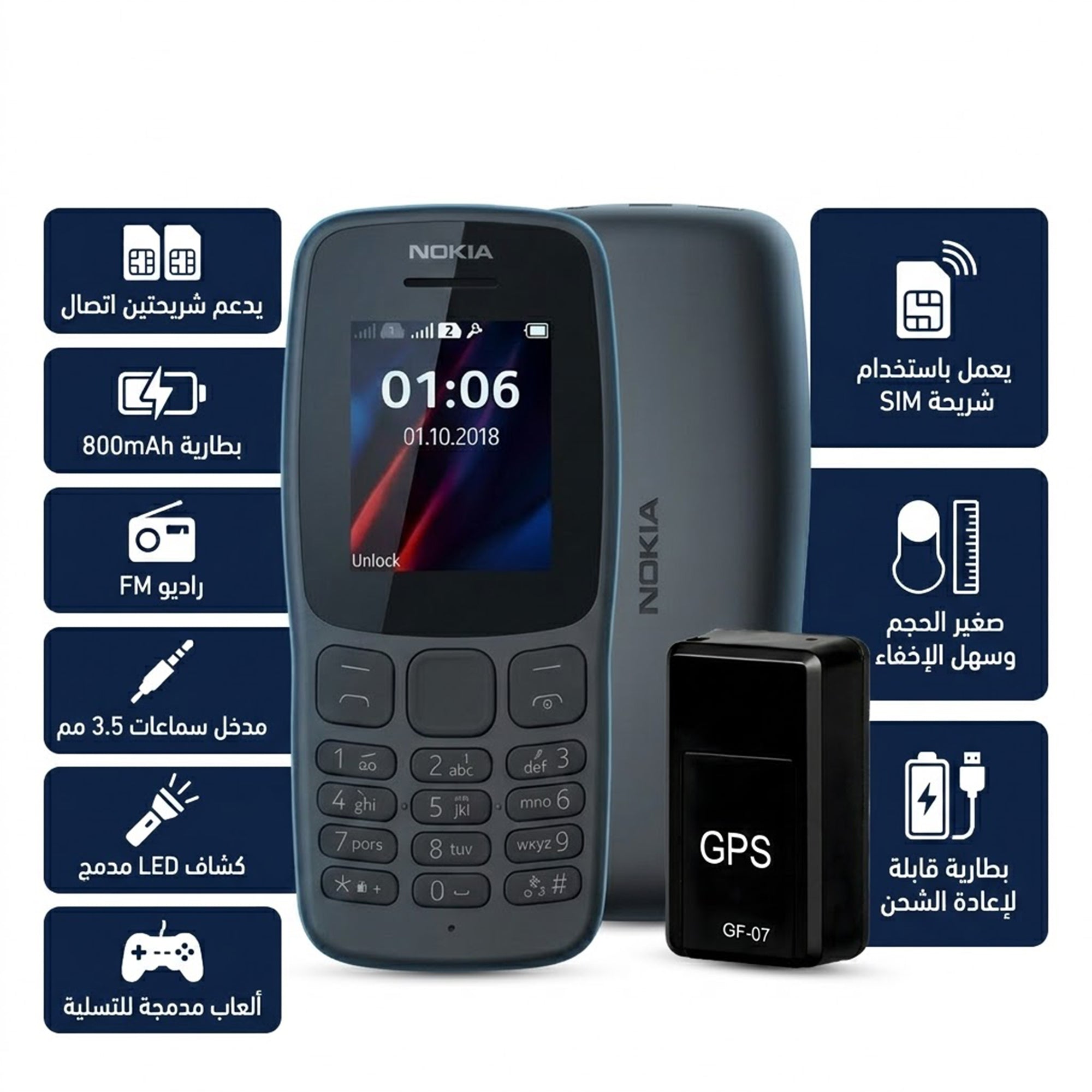 عرض Nokia 106 Dual SIM + Mini GPS Tracker
