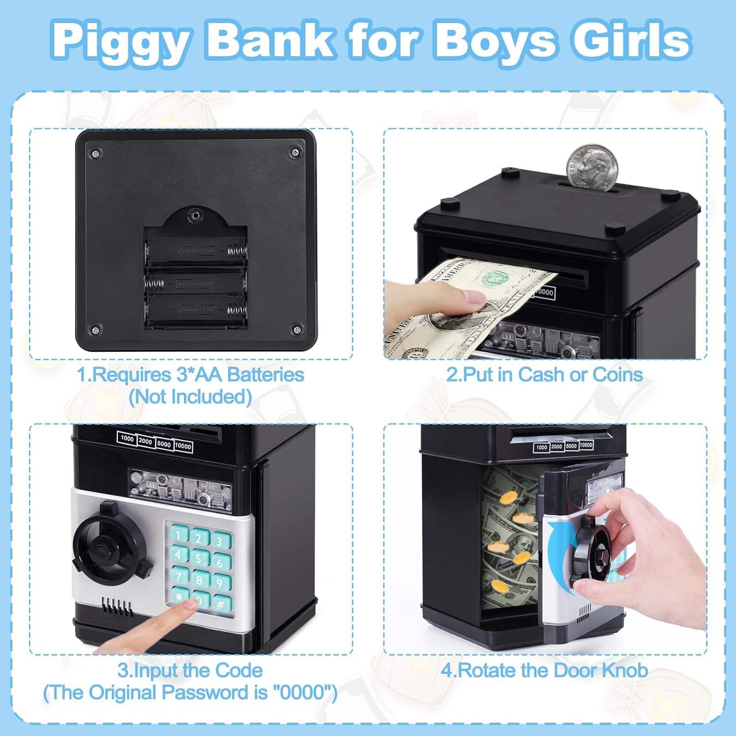 Children's bank savings game by سوق كوم, featuring colorful play money and coin slots for kids' financial learning fun.