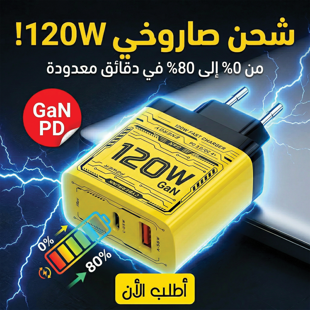 • شاحن USB-C بقوة 120 واط - شاحن سريع GaN مع تقنية PD