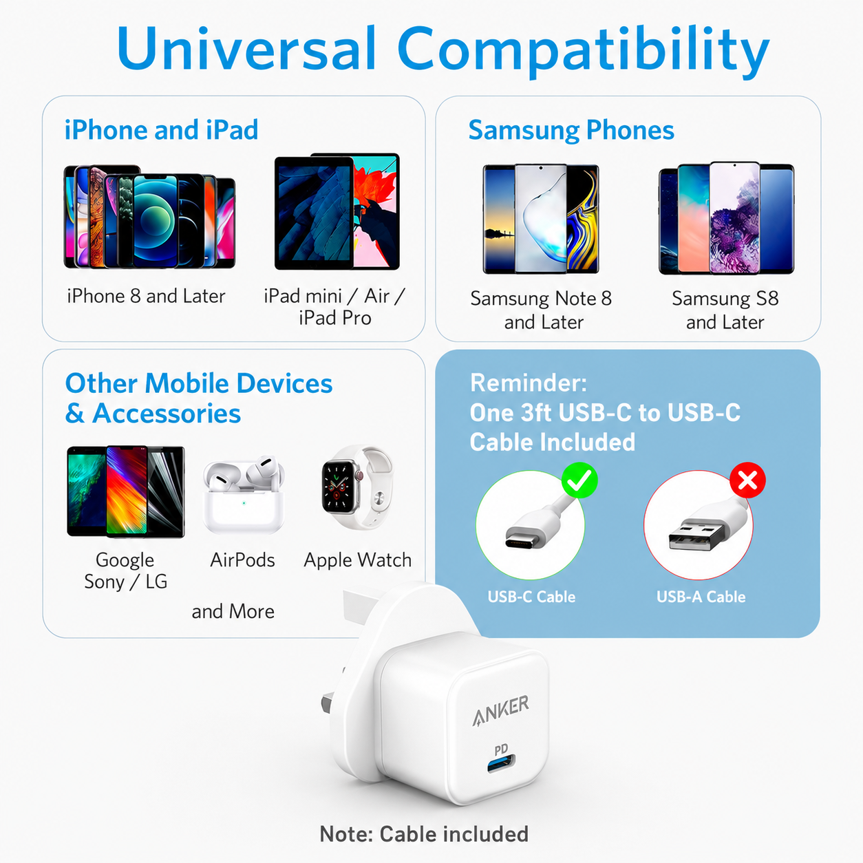 عرض Anker Power Port Nano-20W + كابل شاحن USB متعدد 15 سم، شحن سريع 3 في 1 (Lightning, Type-C &amp; Micro USB)