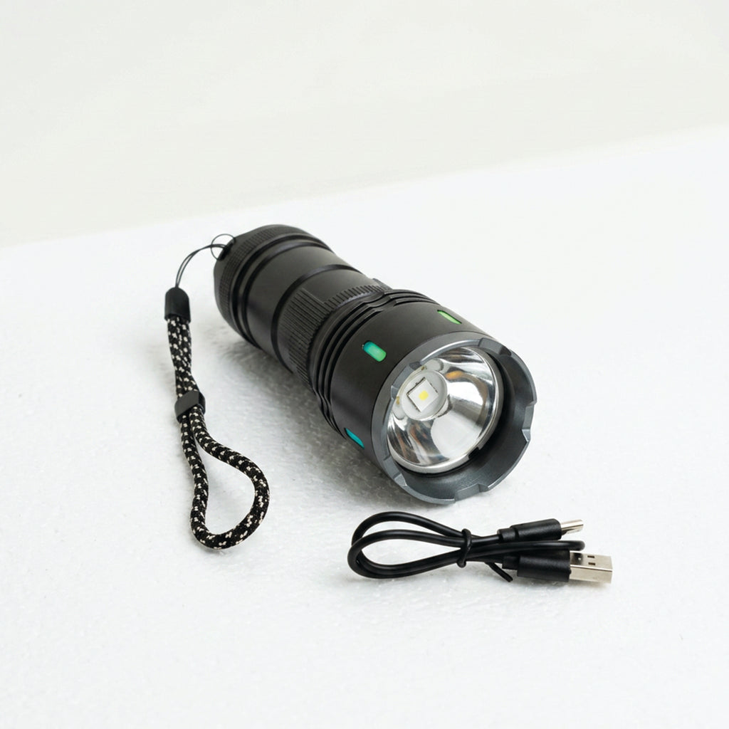 White adjustable LED laser flashlight for camping and outdoor trips, 100000 lumens, compact and powerful from سوق الأمانة.
