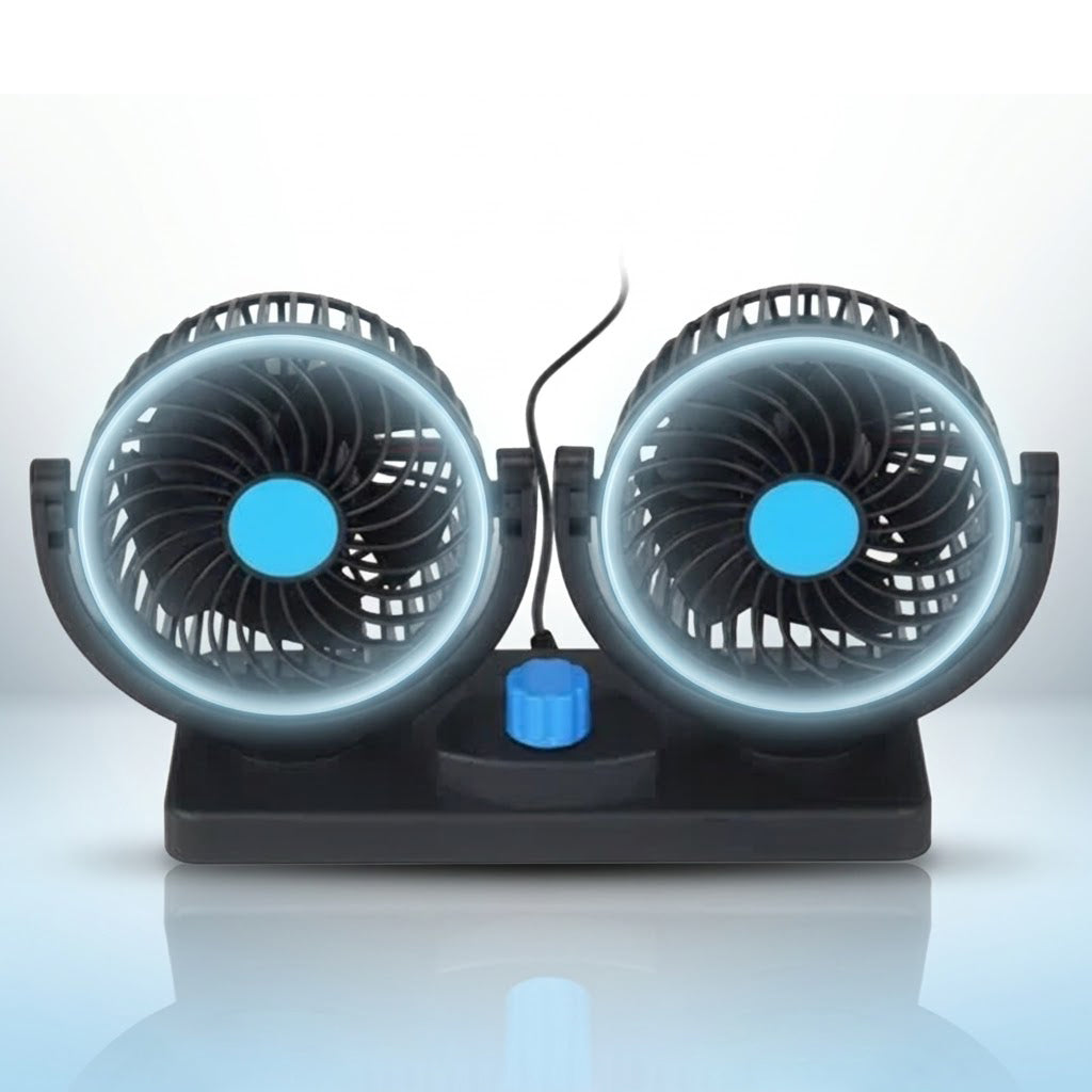 Dual-head USB car fan accessory showing two rotating fan heads mounted inside a vehicle for cooling.